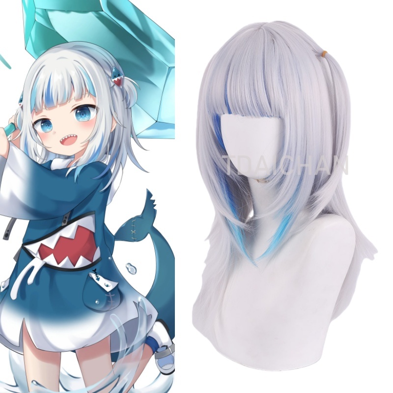 Anime Cosplay Event 2025 - 2025 Gawr Gura コスプレウィッグ ホワイトブルーグラデーション ショート合成毛