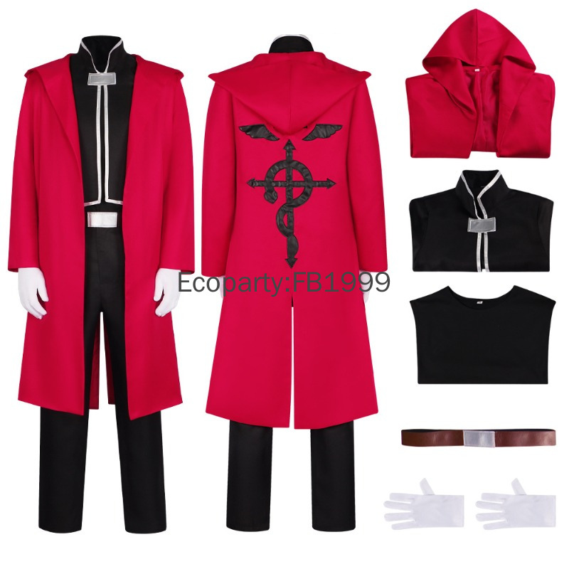 Fullmetal Alchemist Coat - 男性と女性のためのエドワードエルリックのコスプレ衣装,赤いフード付きの衣装,長いジャケットとパンツ,ハロウィーンの衣装,カーニバルパーティー