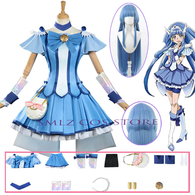 Anime Cosplay Mujer - キュアビューティーコスプレアニメスマイルグリッターブリーズキュアコスチュームドレスウィッグセットハロウィンパーティープレイ衣装女性用
