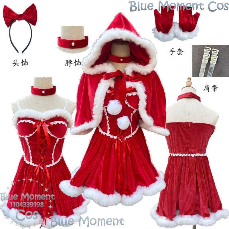 Anime Cosplay Event 2025 - 2025年クリスマス レッドドレス 白い豪華な縁取りの赤いケープ セクシーな女性コスプレガール服 ハロウィンコス 新年スーツ